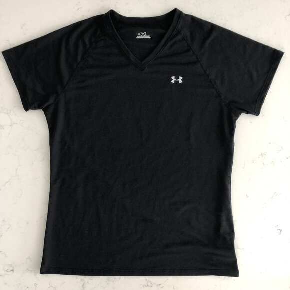 Under Armour V Neck Short Sleeve Polyester Blend Running T Shirt Top Black Sz S - Picture 1 of 10